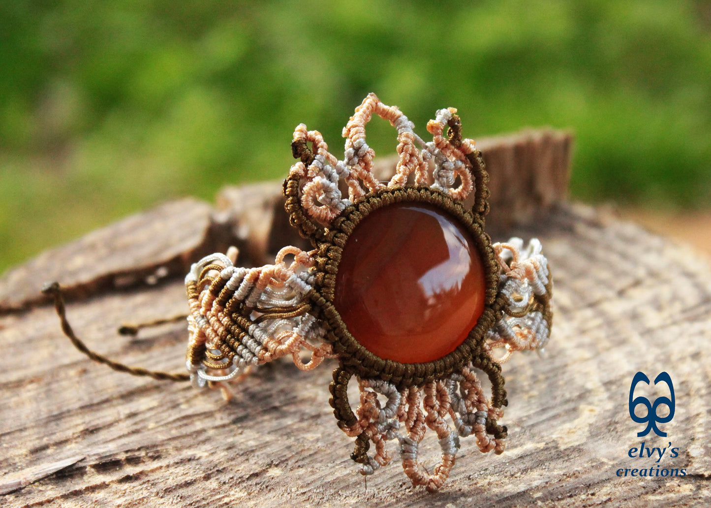 Gold Macrame Bracelet with Carnelian Gemstone Mandala Adjustable Lace Bracelet