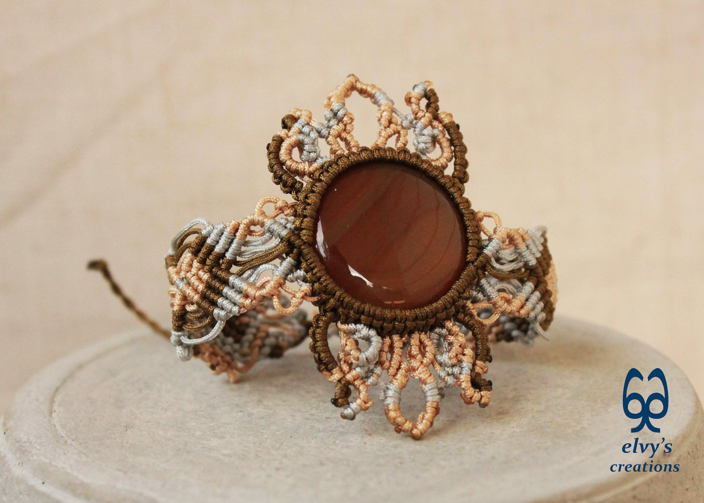 Gold Macrame Bracelet with Carnelian Gemstone Mandala Adjustable Lace Bracelet