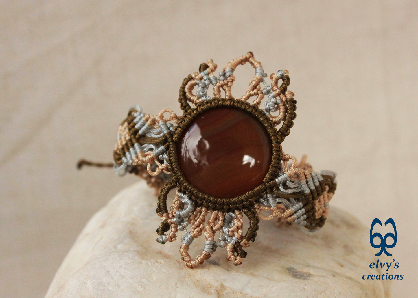 Gold Macrame Bracelet with Carnelian Gemstone Mandala Adjustable Lace Bracelet