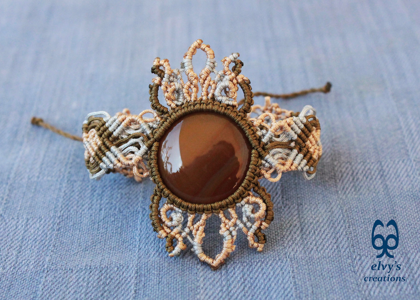 Gold Macrame Bracelet with Carnelian Gemstone Mandala Adjustable Lace Bracelet