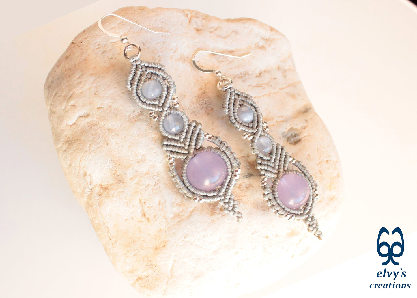 Handmade Silver Macrame Earrings, Dangle Gemstone Beads, Unique Birthday Gift For Women