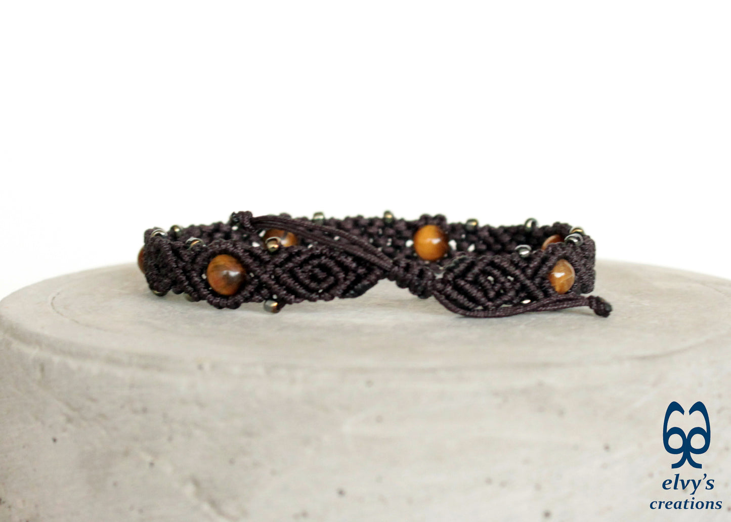 Macrame Brown Adjustable Beaded Bracelet with Tiger Eye Natural Gems for Men & Women Tribal Collection