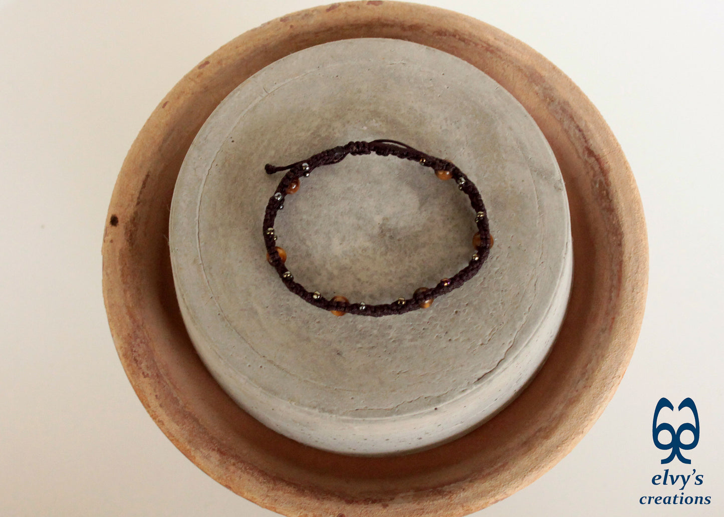 Macrame Brown Adjustable Beaded Bracelet with Tiger Eye Natural Gems for Men & Women Tribal Collection