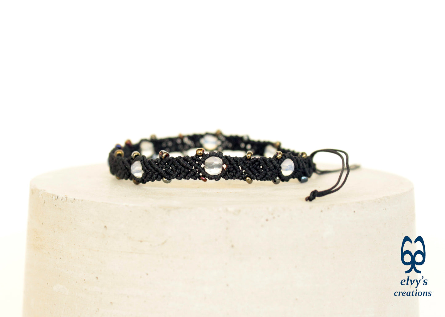 Black Macrame Moonstone Beaded Handmade Bracelet for Women - ElvysCreations