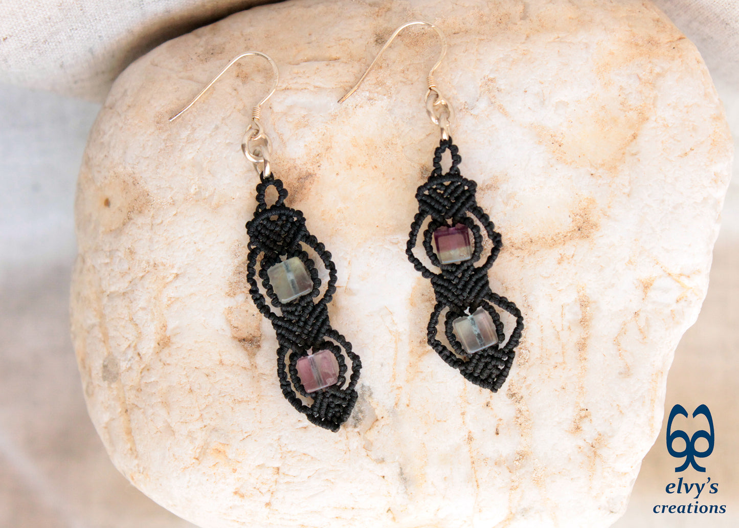 Handmade Silver Macrame Earrings,Fluorite Gemstone Beaded Earrings,Birthday Gift for Women