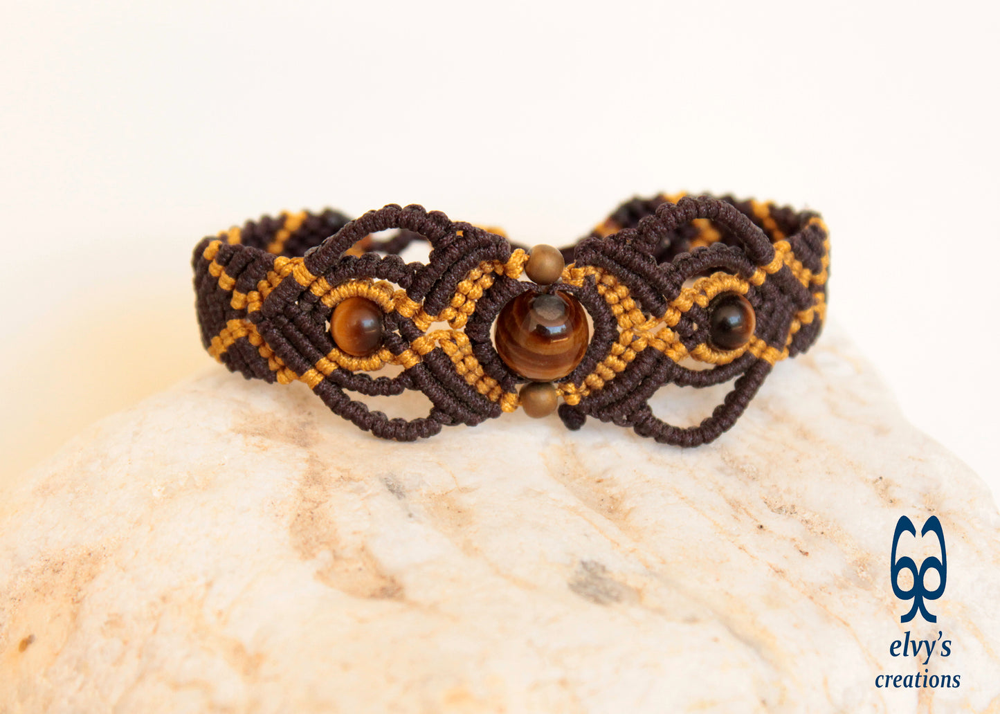 Brown and Gold Macrame Tiger Eye and Hematite Beaded Bracelet Gift for Men or Women Nature Wildlife Collection