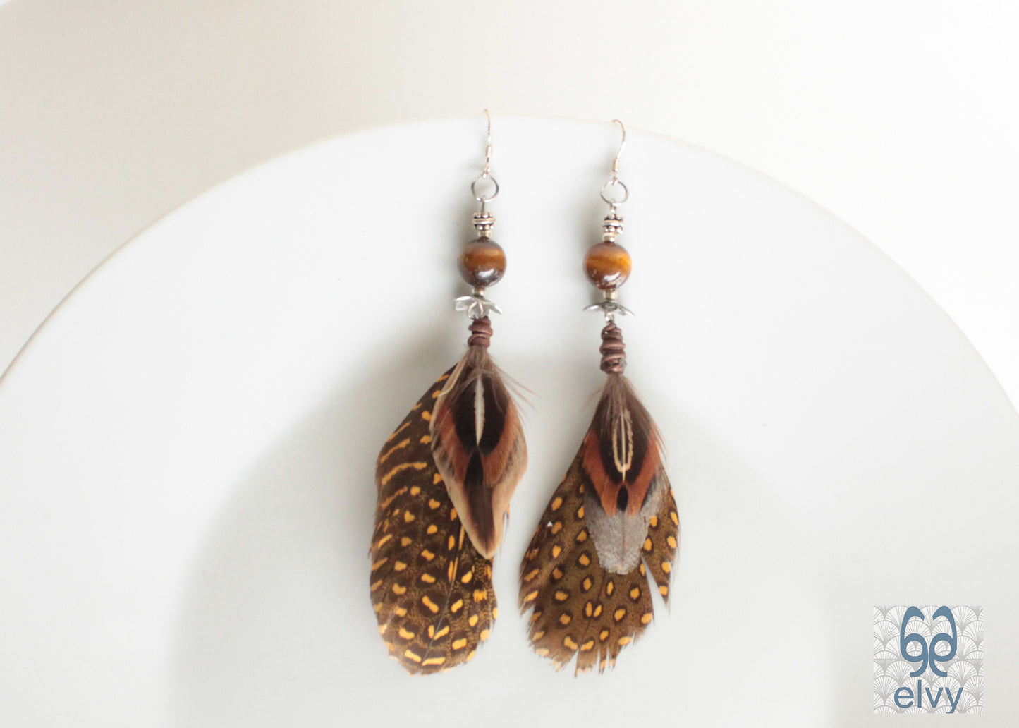 Brown and Yellow Tribal Earrings Tiger Eye Dangle with Natural Feather and Sterling Silver Elements - ElvysCreations