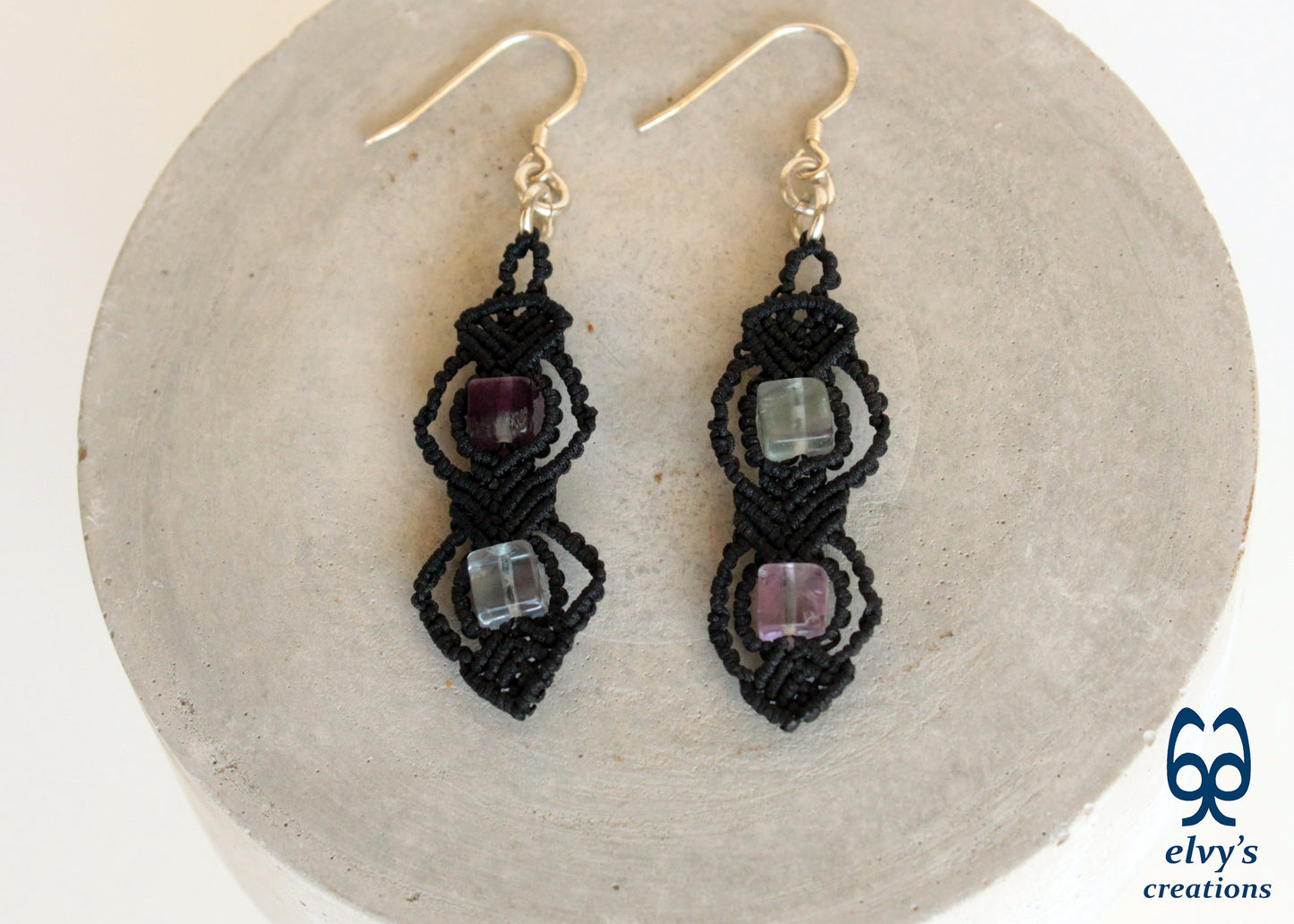 Handmade Silver Macrame Earrings,Fluorite Gemstone Beaded Earrings,Birthday Gift for Women
