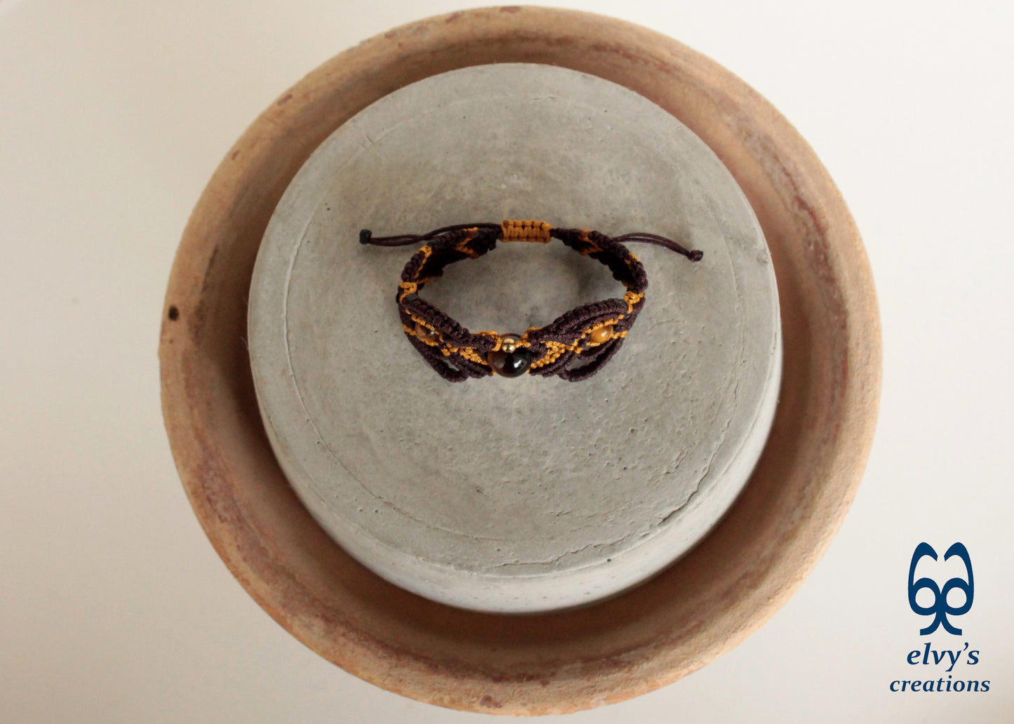 Brown and Gold Macrame Tiger Eye and Hematite Beaded Bracelet Gift for Men or Women Nature Wildlife Collection