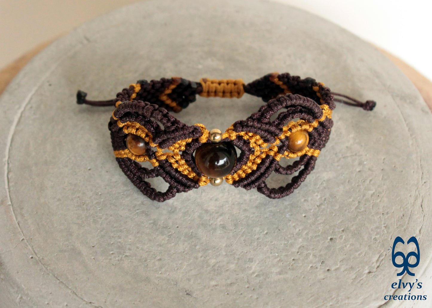 Brown and Gold Macrame Tiger Eye and Hematite Beaded Bracelet Gift for Men or Women Nature Wildlife Collection