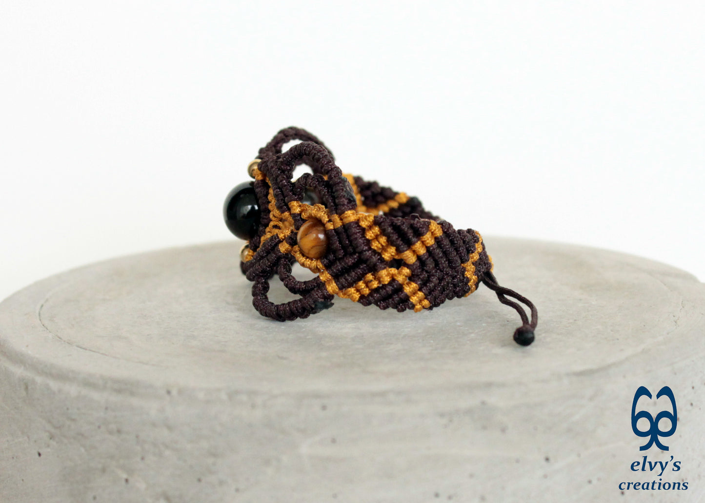 Brown and Gold Macrame Tiger Eye and Hematite Beaded Bracelet Gift for Men or Women Nature Wildlife Collection