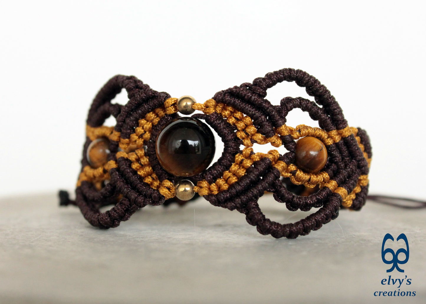 Brown and Gold Macrame Tiger Eye and Hematite Beaded Bracelet Gift for Men or Women Nature Wildlife Collection