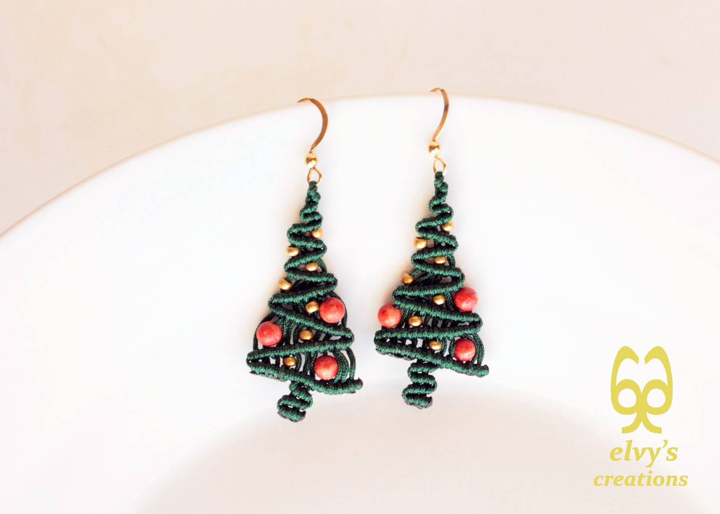 Macrame Christmas Tree Earrings Holiday Season New Year Gift for her Green Xmas Tree with Golden Brass Beads and Red Natural Corals