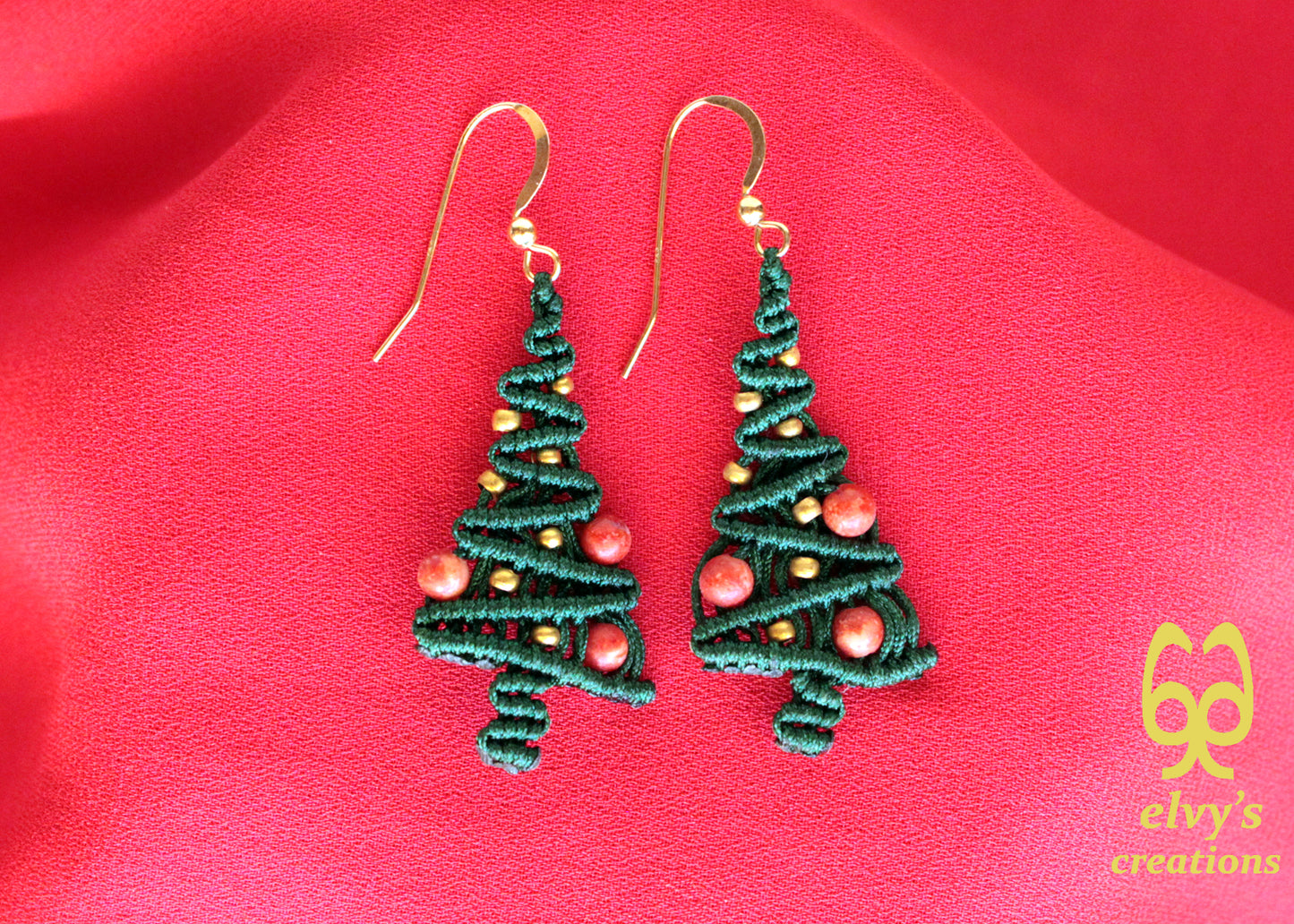 Macrame Christmas Tree Earrings Holiday Season New Year Gift for her Green Xmas Tree with Golden Brass Beads and Red Natural Corals