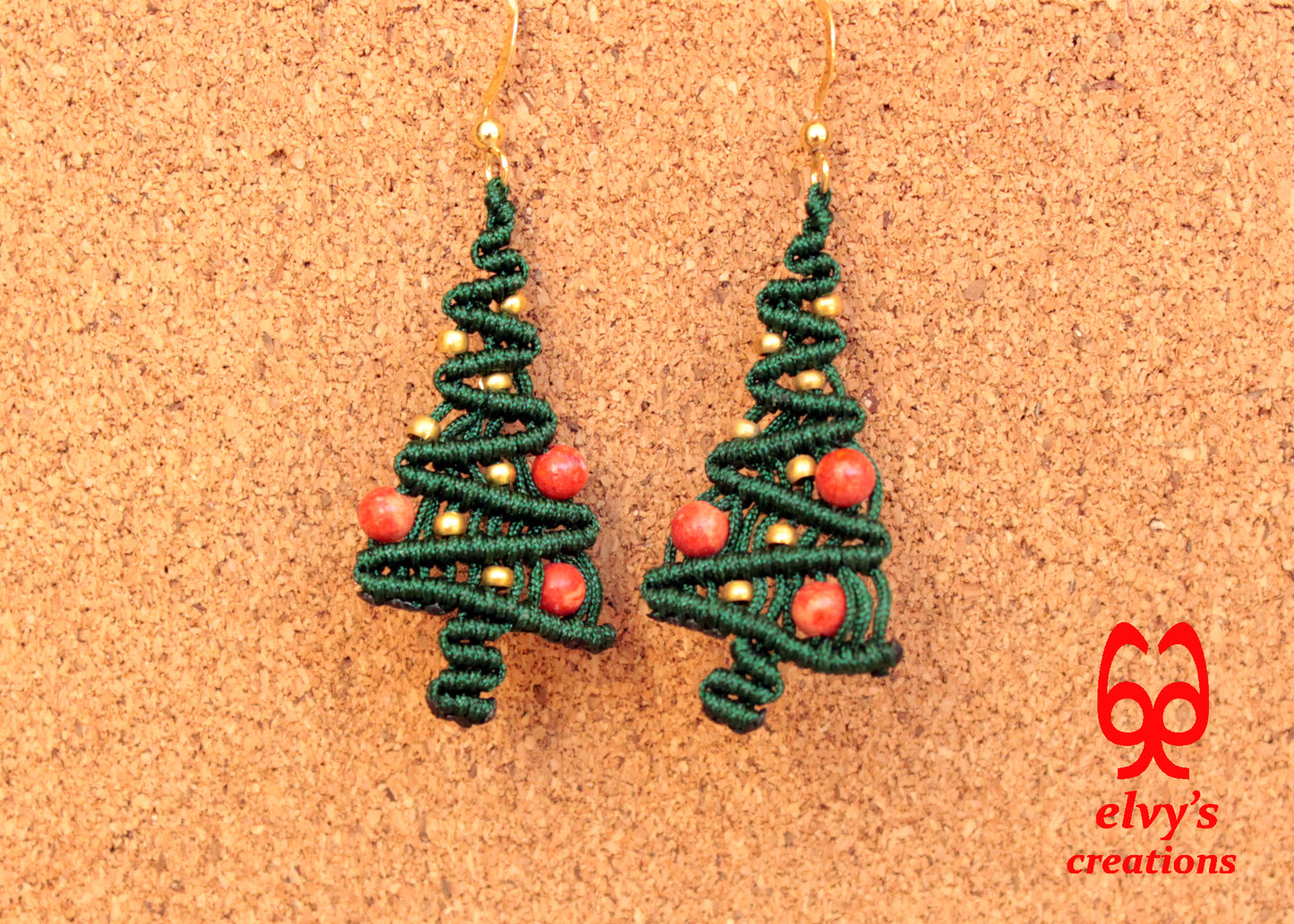 Macrame Christmas Tree Earrings Holiday Season New Year Gift for her Green Xmas Tree with Golden Brass Beads and Red Natural Corals