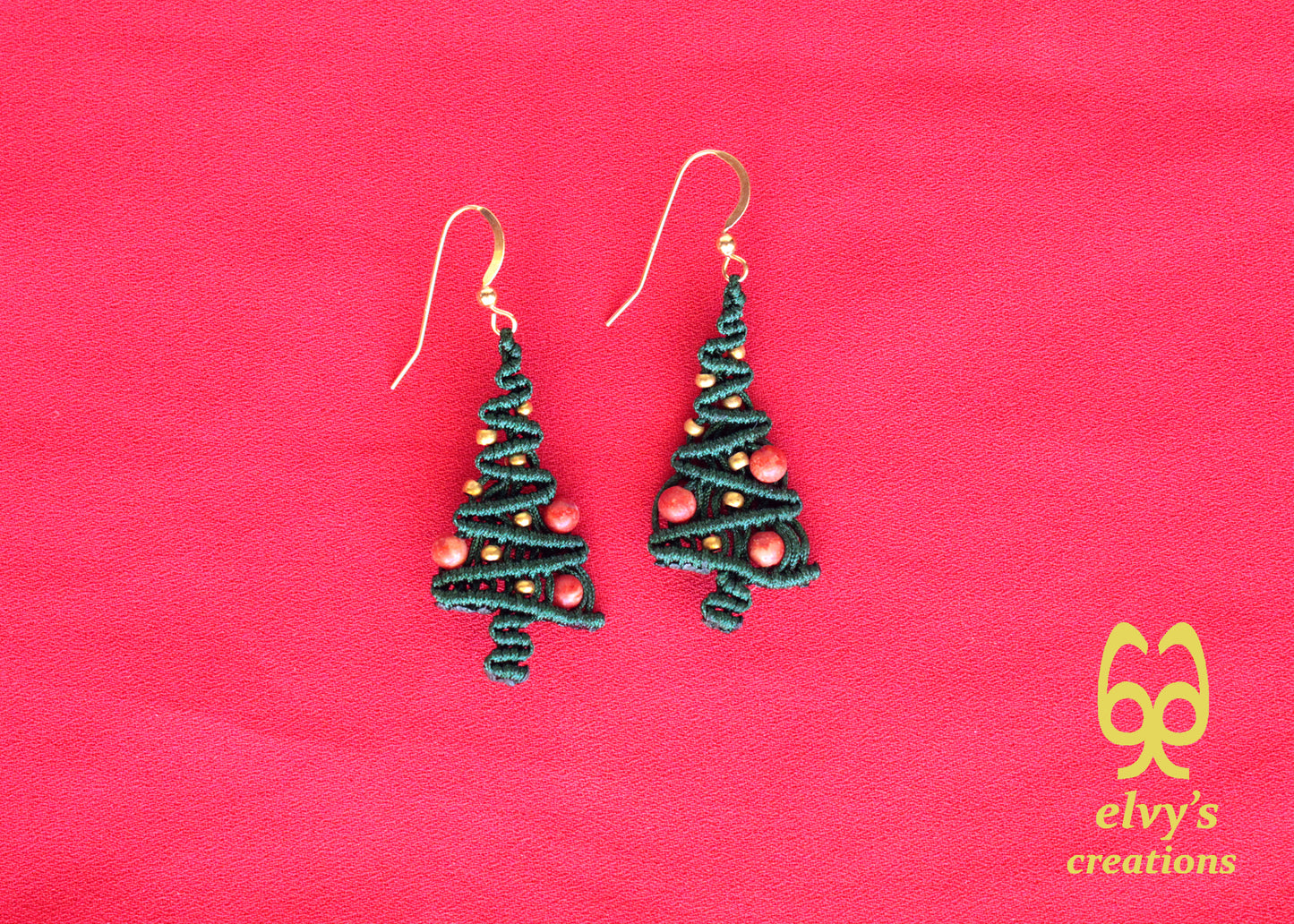 Macrame Christmas Tree Earrings Holiday Season New Year Gift for her Green Xmas Tree with Golden Brass Beads and Red Natural Corals