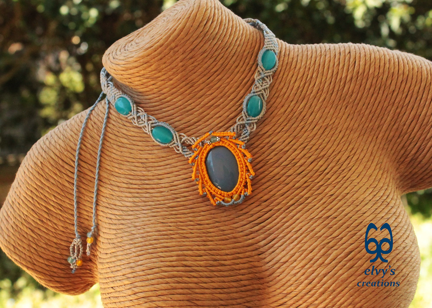 Blue Macrame Necklace Jade Gemstone Silver Choker Necklace Yellow Necklace