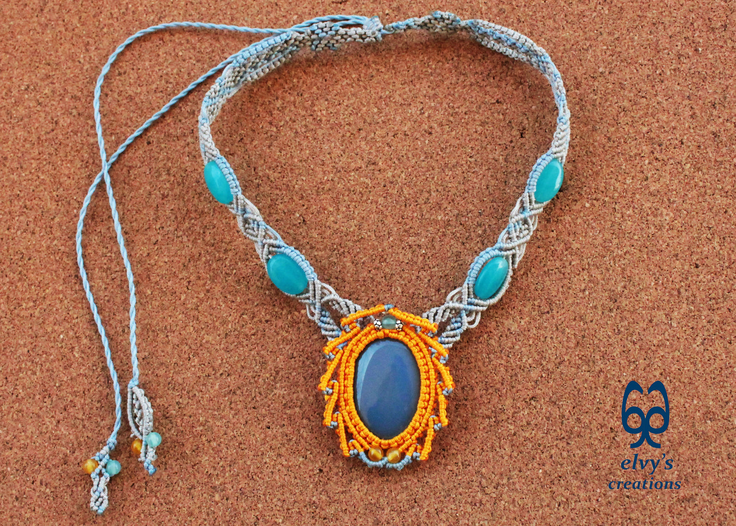 Blue Macrame Necklace Jade Gemstone Silver Choker Necklace Yellow Necklace
