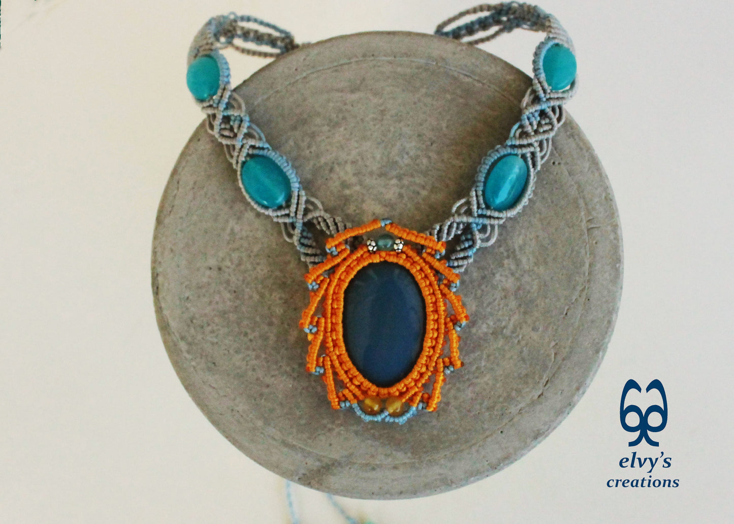 Blue Macrame Necklace Jade Gemstone Silver Choker Necklace Yellow Necklace