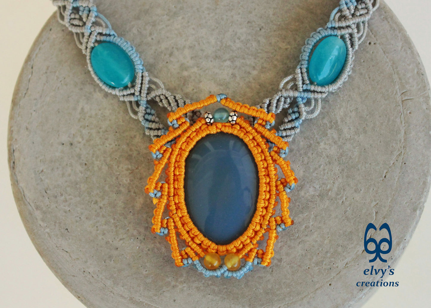 Blue Macrame Necklace Jade Gemstone Silver Choker Necklace Yellow Necklace
