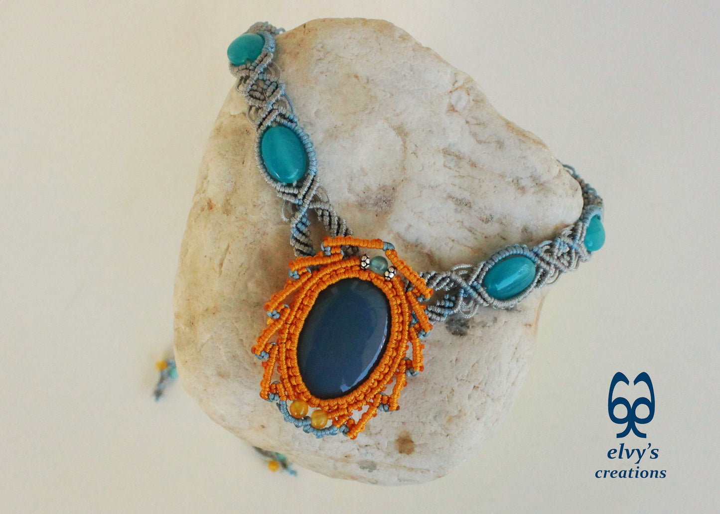 Blue Macrame Necklace Jade Gemstone Silver Choker Necklace Yellow Necklace