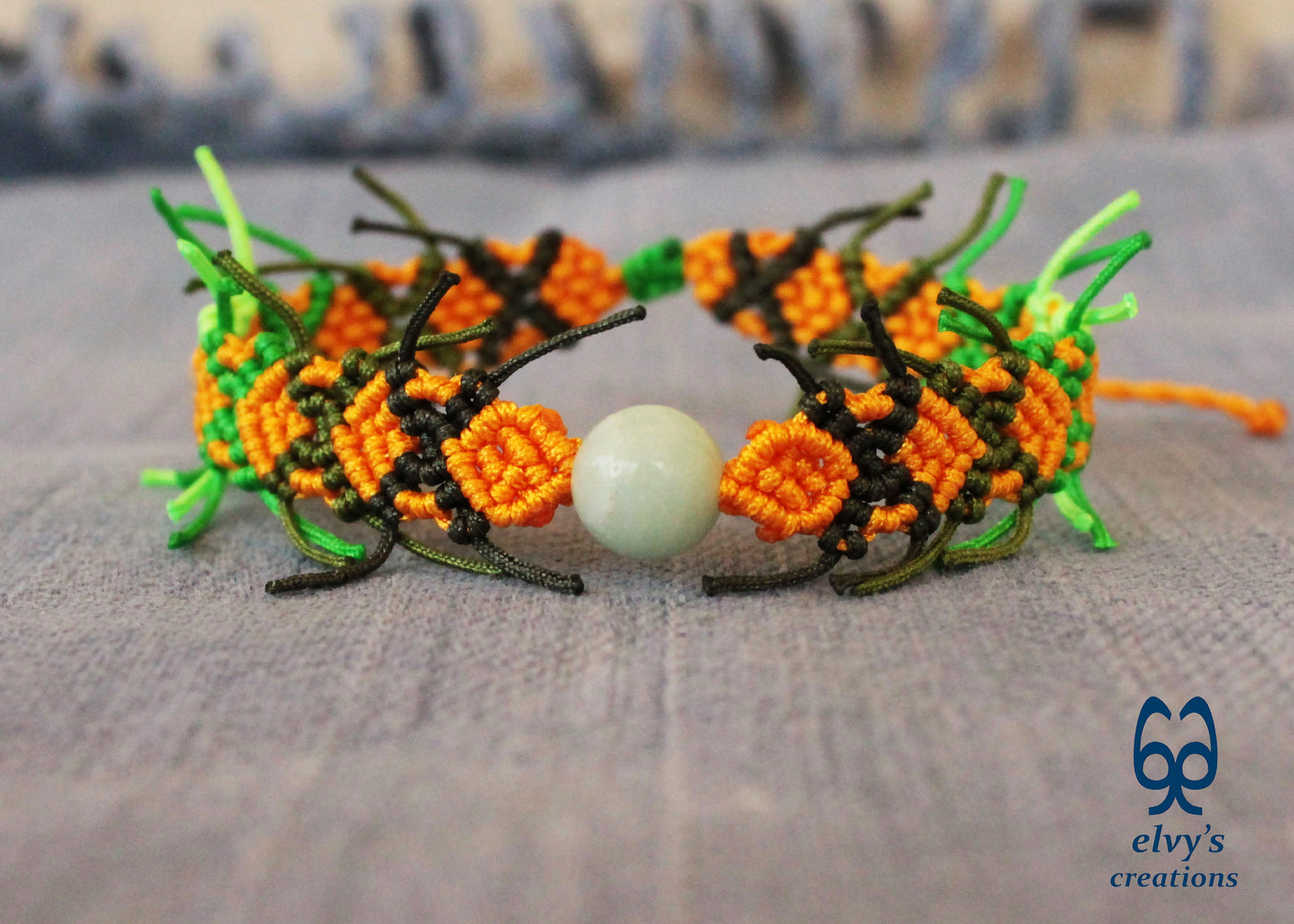 Yellow Macrame Bracelet with Quartz Gemstones Green Milky Quartz Cuff
