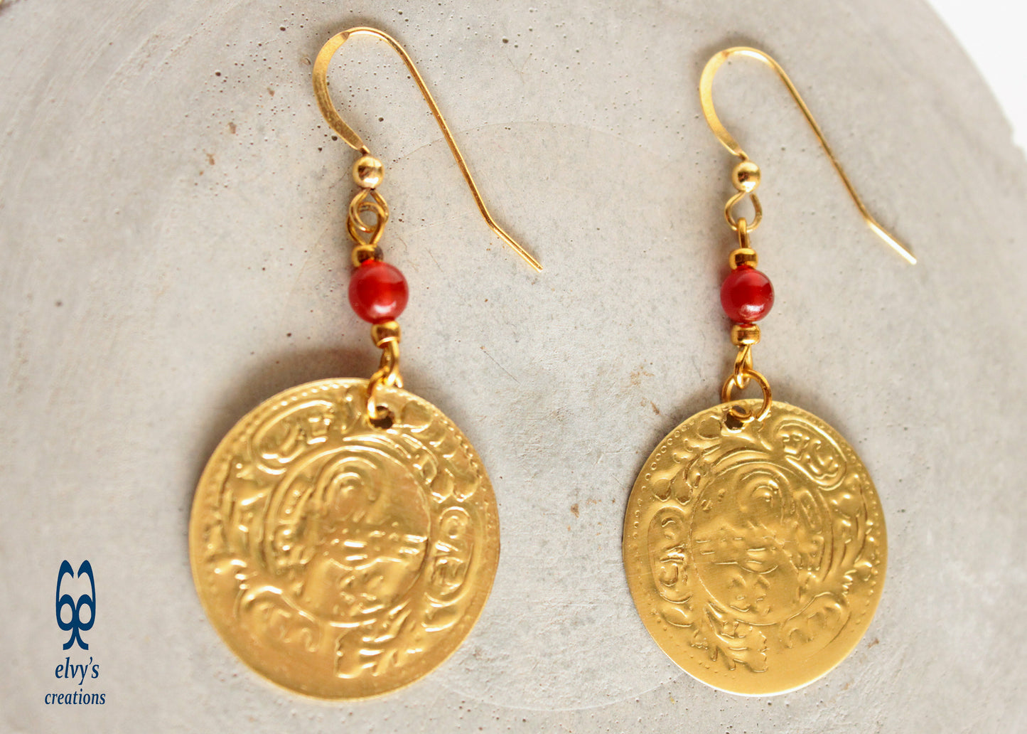 Greek Traditional Earrings Coin Dangle Drop Gold Folklore Jewelry 925 Sterling Silver Gold Plated Gypsy Jewelry Orange Carnelian Gemstone