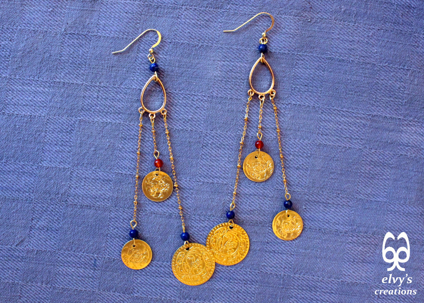 Gold Folklore Earrings, Coin Dangle Greek Traditional Jewelry, Sterling Silver Gold Plated Gypsy Jewelry, Carnelian Gemstone