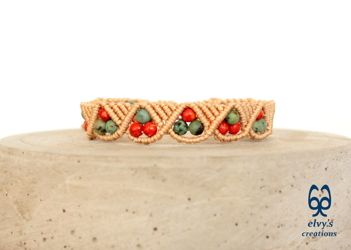 Macrame Beige Boho Beaded Bracelet for Women Natural Turquoise and Red Coral