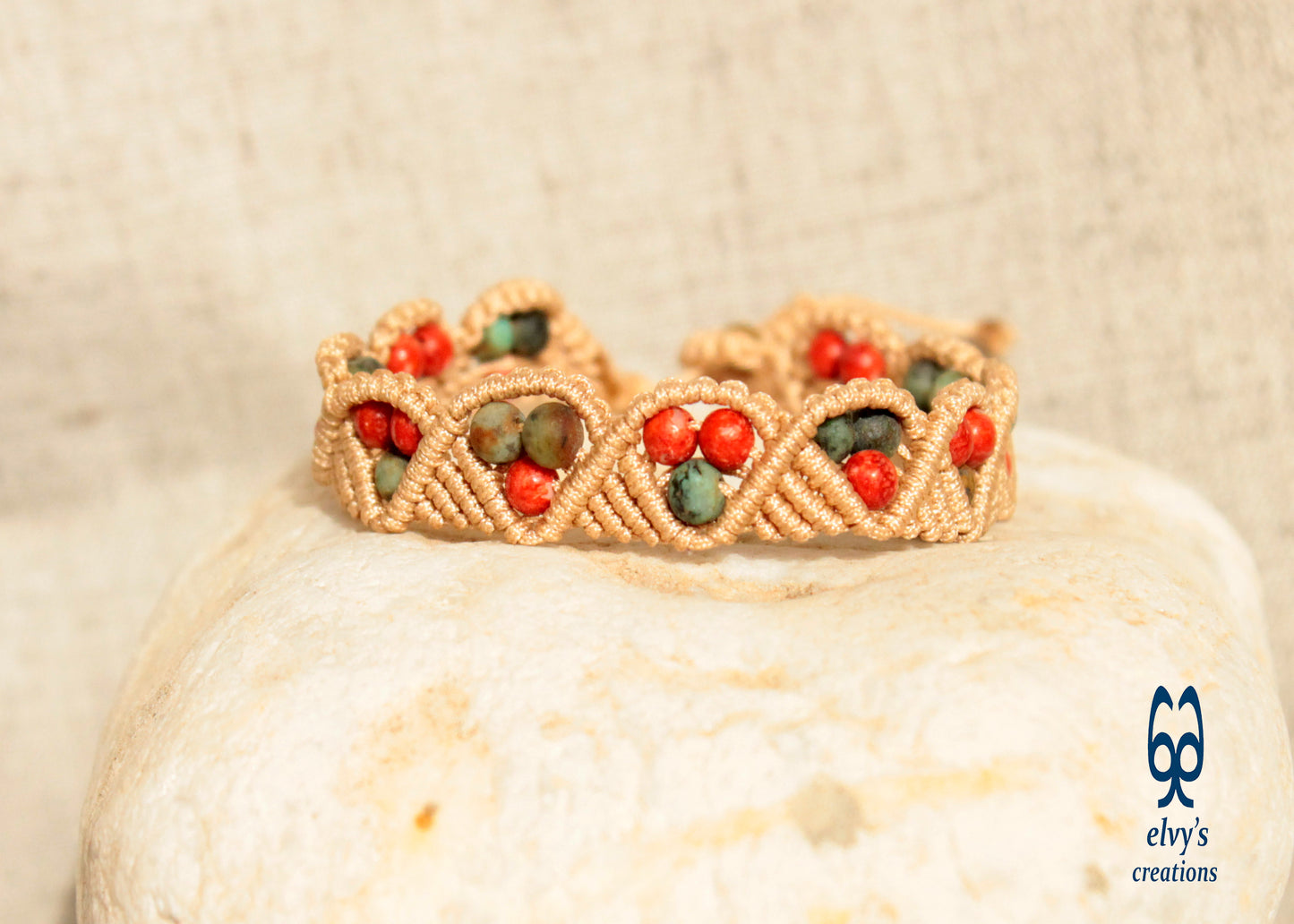 Macrame Beige Boho Beaded Bracelet for Women Natural Turquoise and Red Coral