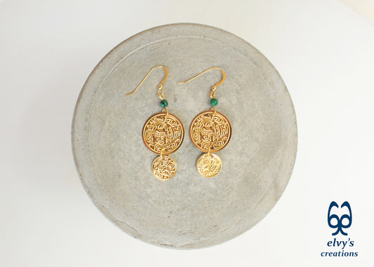 Gold Folklore Earrings, Coin Dangle Greek Traditional Jewelry, Sterling Silver Gold Plated Gypsy Jewelry, Gemstone