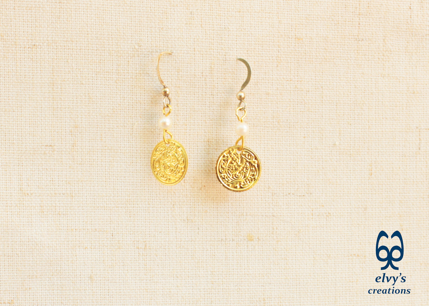 Gold Folklore Earrings Coin Dangle Drop Greek Traditional Jewelry 925 Sterling Silver Gold Plated Gypsy Jewelry Pearl