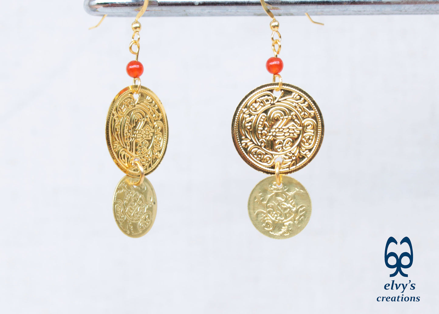 Gold Folklore Earrings, Coin Dangle Greek Traditional Jewelry, Sterling Silver Gold Plated Gypsy Jewelry, Gemstone