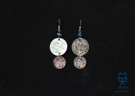 Silver Folklore Earrings Coin Dangle Drop Greek Traditional Jewelry 925 Sterling Silver Gypsy Jewelry Blue Sodalite Gemstone