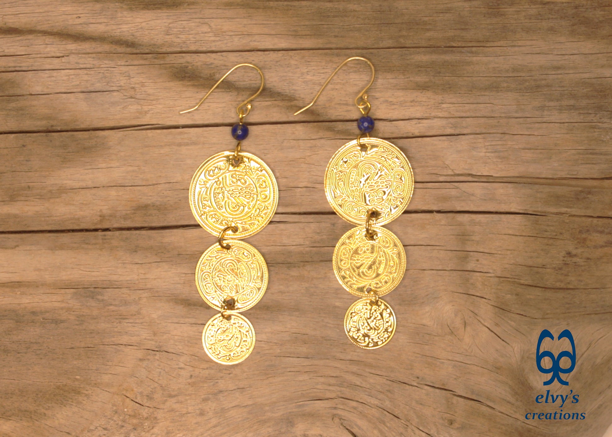 Gold Folklore Earrings, Coin Dangle Greek Traditional Jewelry, Sterling Silver Gold Plated Gypsy Jewelry, Gemstone