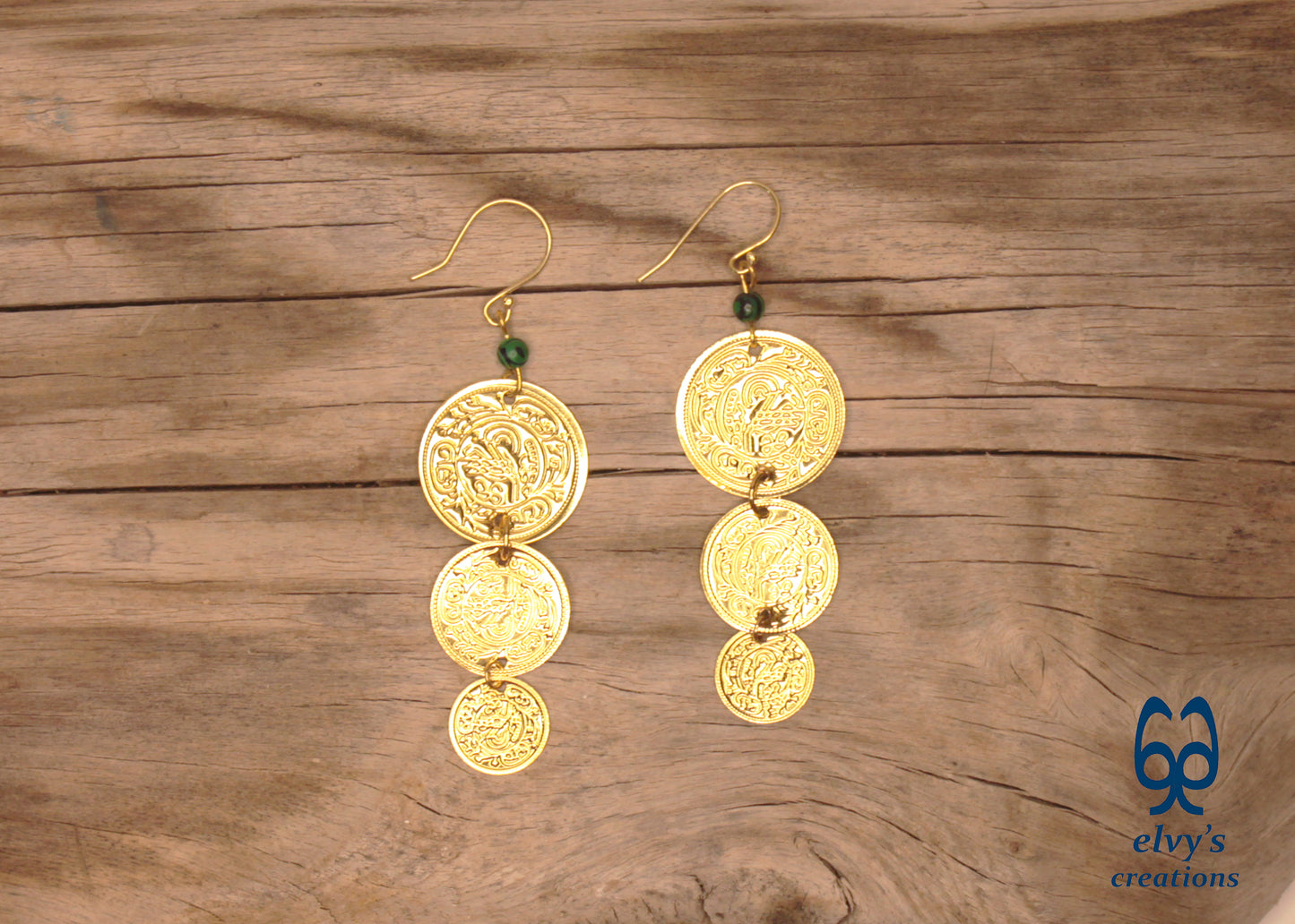 Gold Folklore Earrings, Coin Dangle Greek Traditional Jewelry, Sterling Silver Gold Plated Gypsy Jewelry, Gemstone