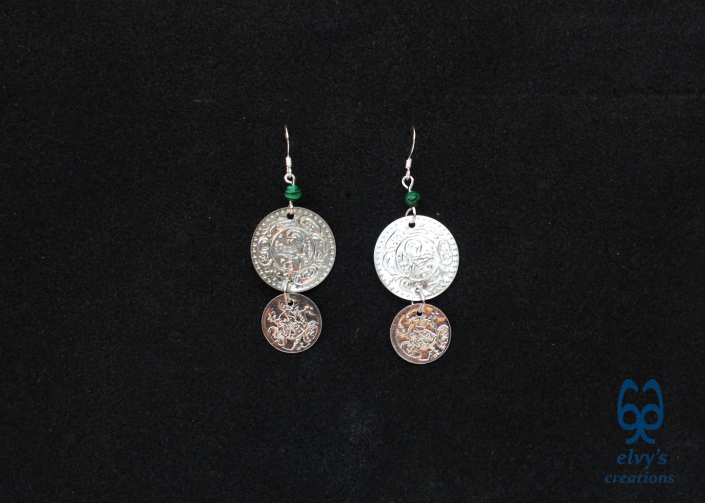 Silver Folklore Earrings Coin Dangle Drop Greek Traditional Jewelry 925 Sterling Silver Gypsy Jewelry Green Malachite Gemstone