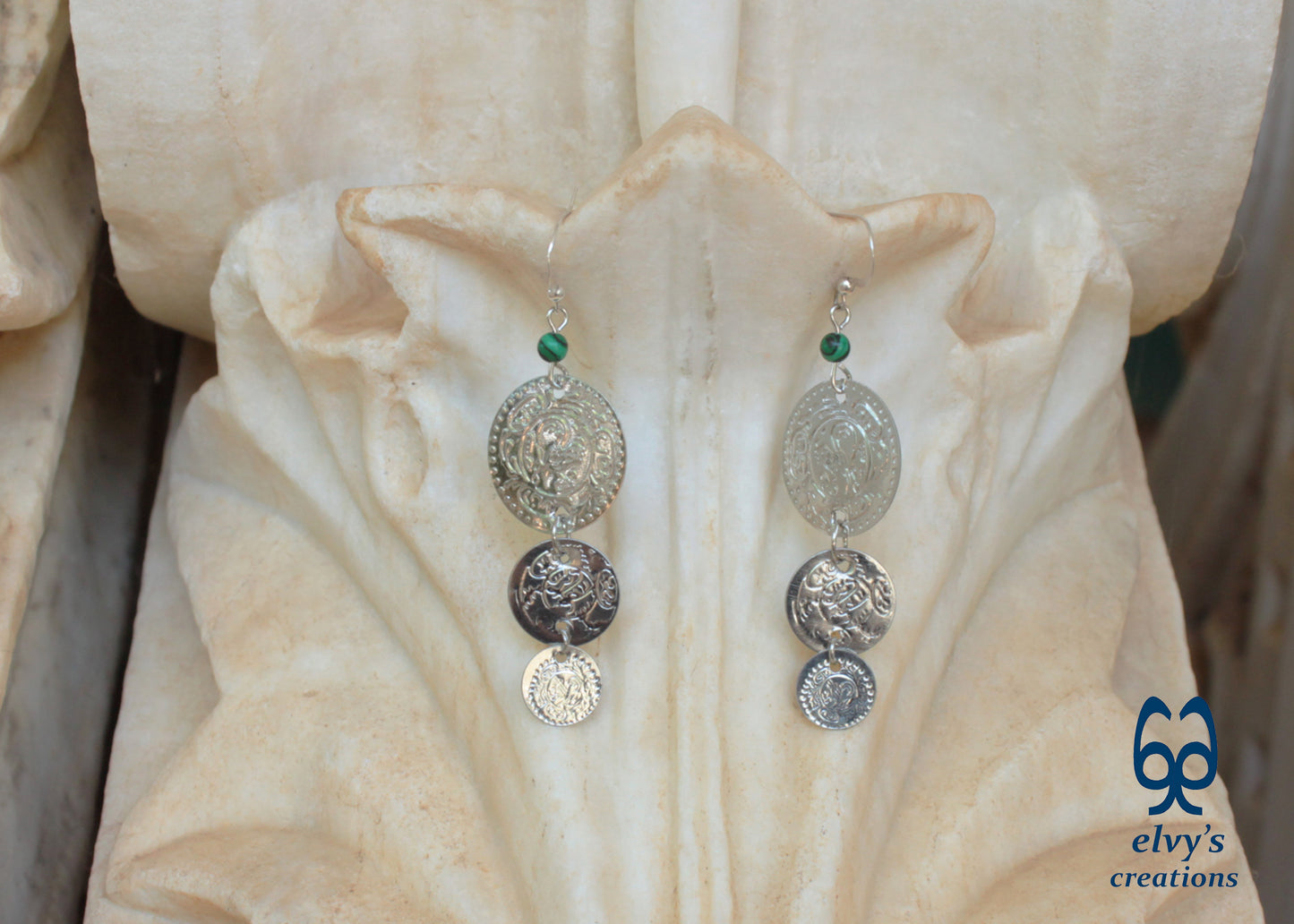 Gold Folklore Earrings, Coin Dangle Greek Traditional Jewelry, Sterling Silver Gold Plated Gypsy Jewelry, Gemstone