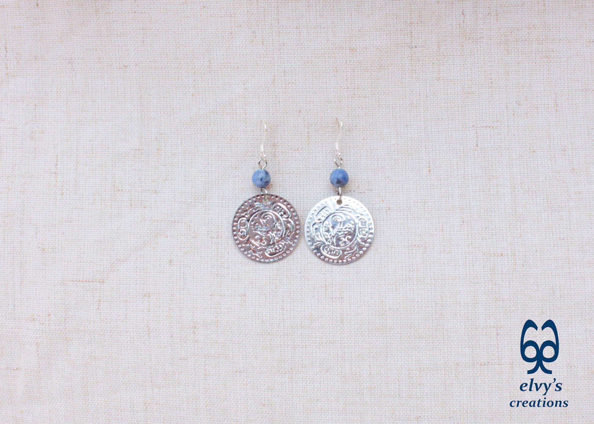 Gold Folklore Earrings Coin Dangle Drop Greek Traditional Jewelry 925 Sterling Silver Gypsy Jewelry Blue Sodalite Gemstone