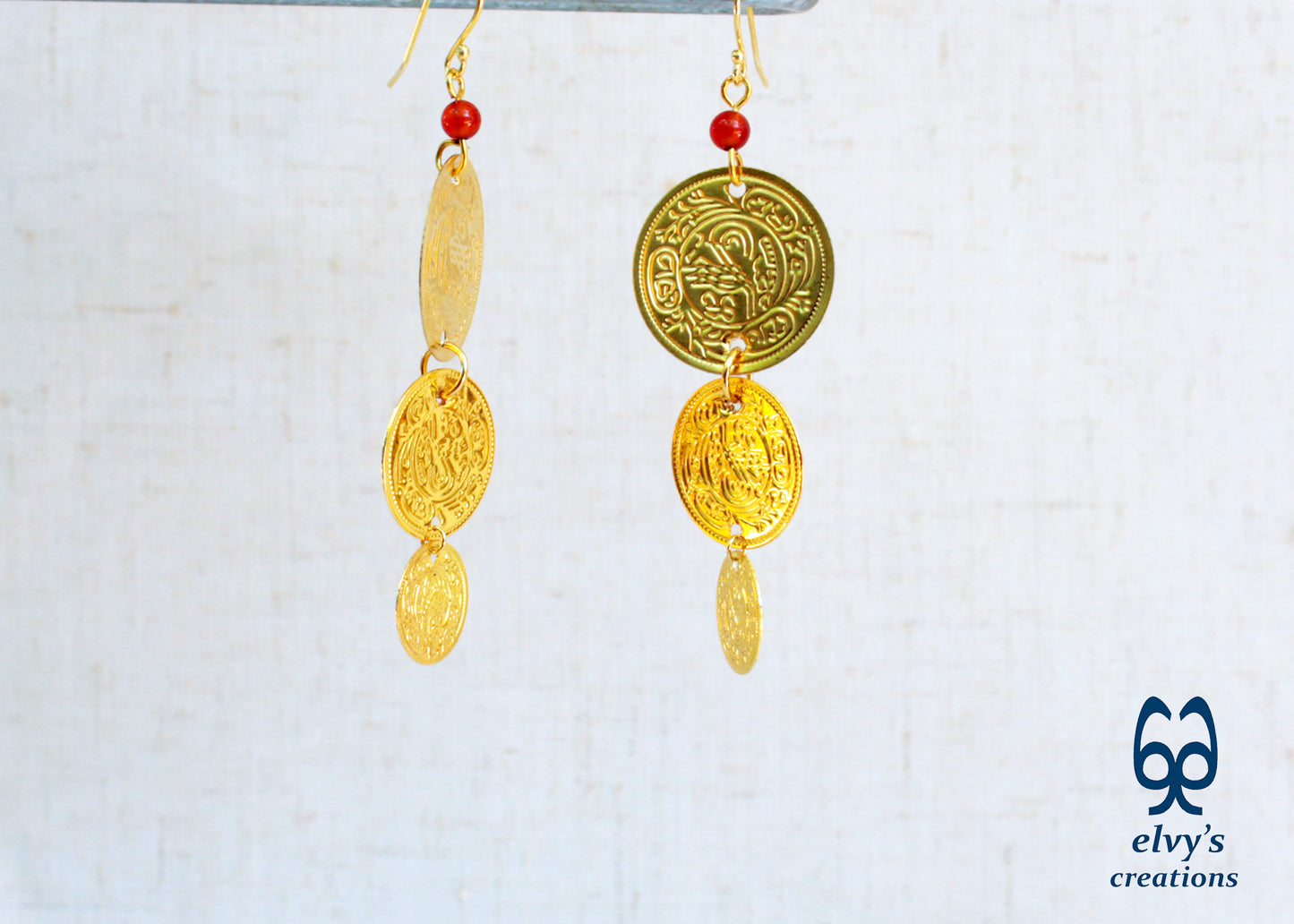 Gold Folklore Earrings, Coin Dangle Greek Traditional Jewelry, Sterling Silver Gold Plated Gypsy Jewelry, Gemstone