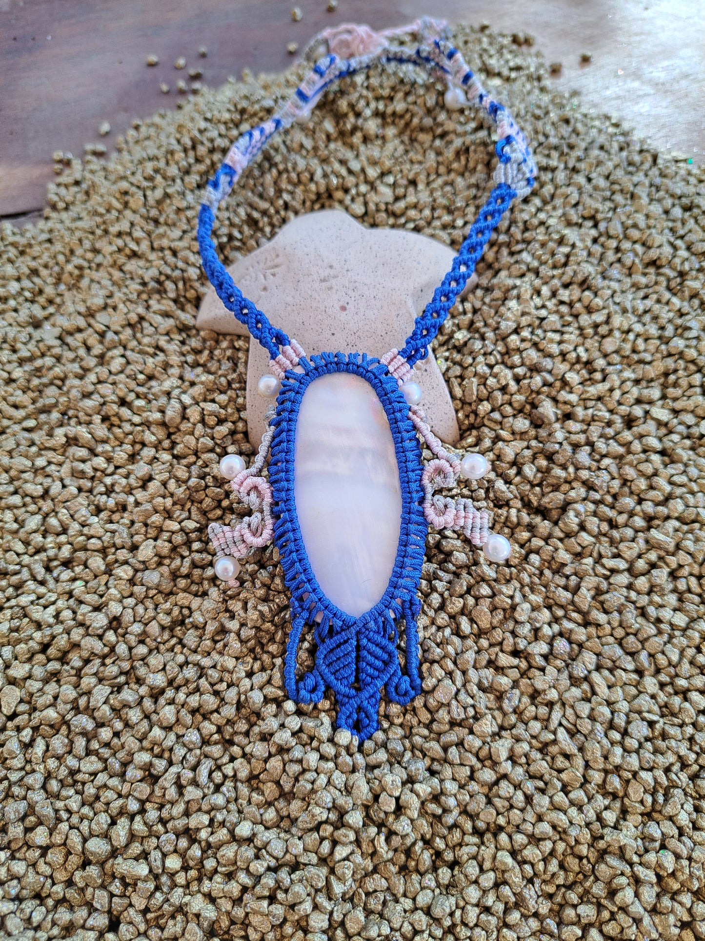 Blue Macramé Necklace with Pearls