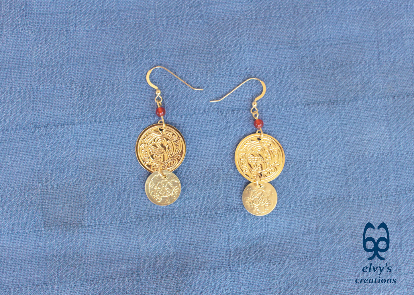 Gold Folklore Earrings, Coin Dangle Greek Traditional Jewelry, Sterling Silver Gold Plated Gypsy Jewelry, Gemstone