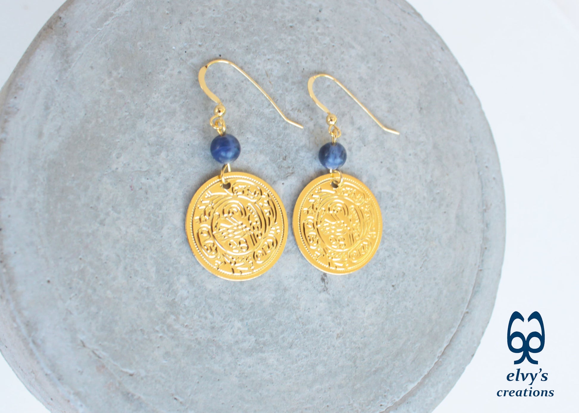 Gold Folklore Earrings Coin Dangle Drop Greek Traditional Jewelry 925 Sterling Silver Gold Plated Gypsy Jewelry Blue Sodalite Gemstone