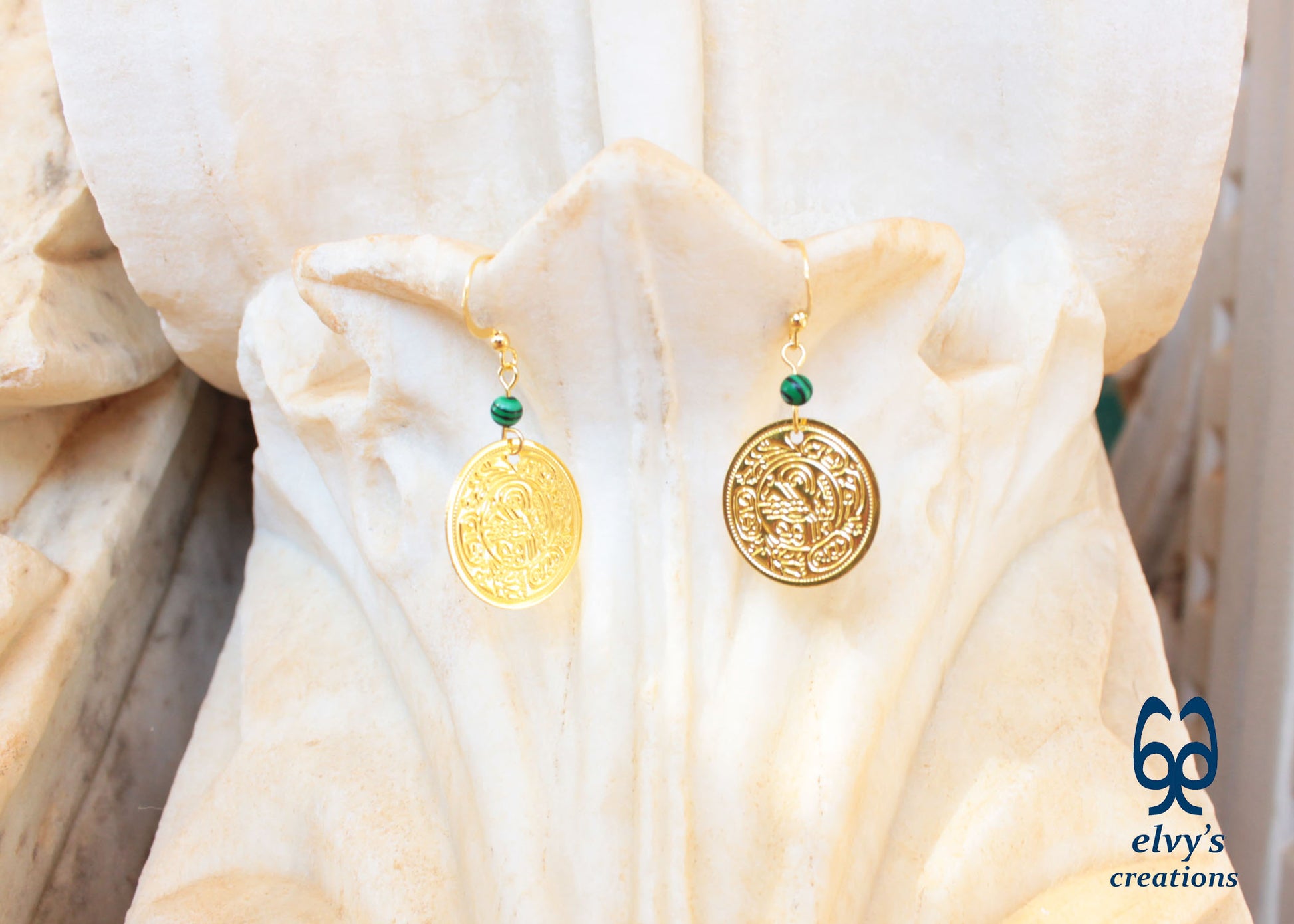 Gold Folklore Earrings Coin Dangle Drop Greek Traditional Jewelry 925 Sterling Silver Gold Plated Gypsy Jewelry Green Malachite Gemstone