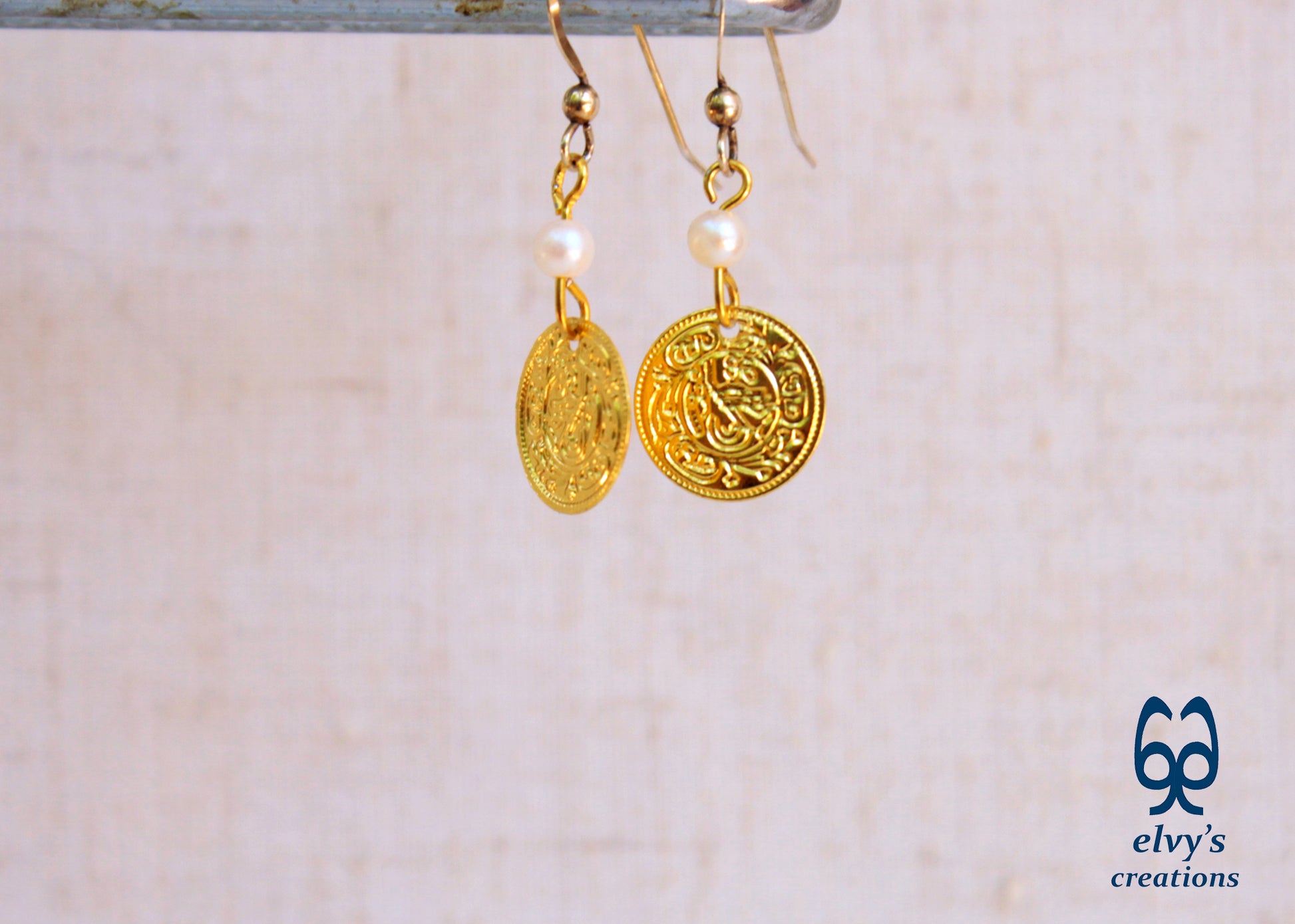 Gold Folklore Earrings Coin Dangle Drop Greek Traditional Jewelry 925 Sterling Silver Gold Plated Gypsy Jewelry Pearl