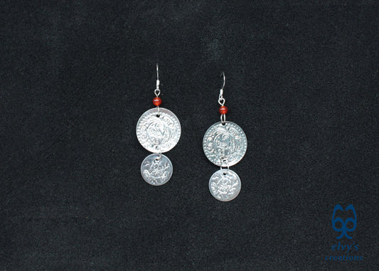 Silver Folklore Earrings Coin Dangle Drop Greek Traditional Jewelry 925 Sterling Silver Gypsy Jewelry Orange Carnelian Gemstone