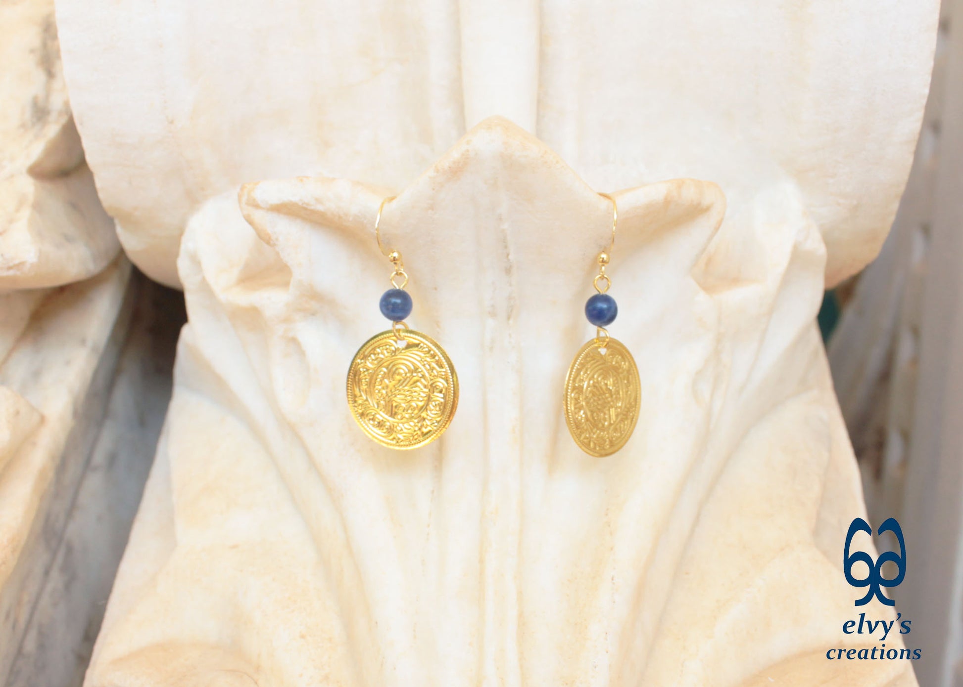 Gold Folklore Earrings Coin Dangle Drop Greek Traditional Jewelry 925 Sterling Silver Gold Plated Gypsy Jewelry Blue Sodalite Gemstone