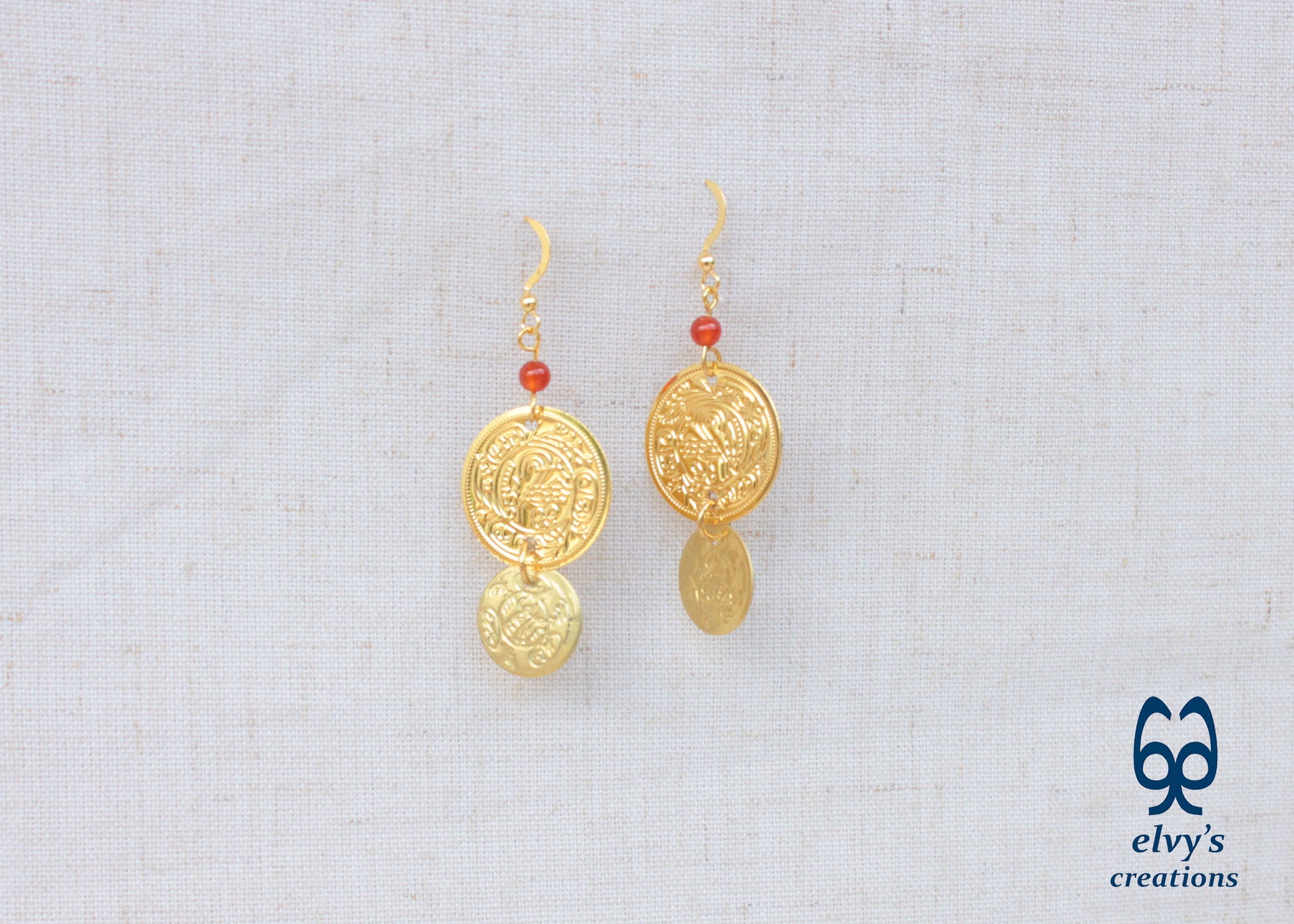 Gold Folklore Earrings, Coin Dangle Greek Traditional Jewelry, Sterling Silver Gold Plated Gypsy Jewelry, Gemstone