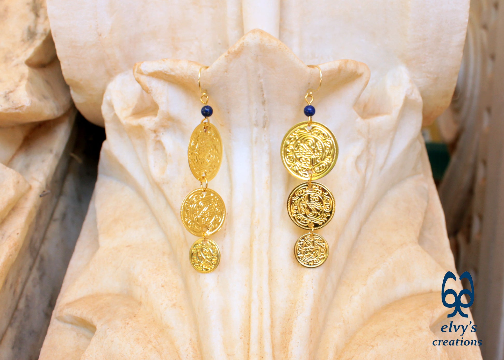 Gold Folklore Earrings, Coin Dangle Greek Traditional Jewelry, Sterling Silver Gold Plated Gypsy Jewelry, Gemstone