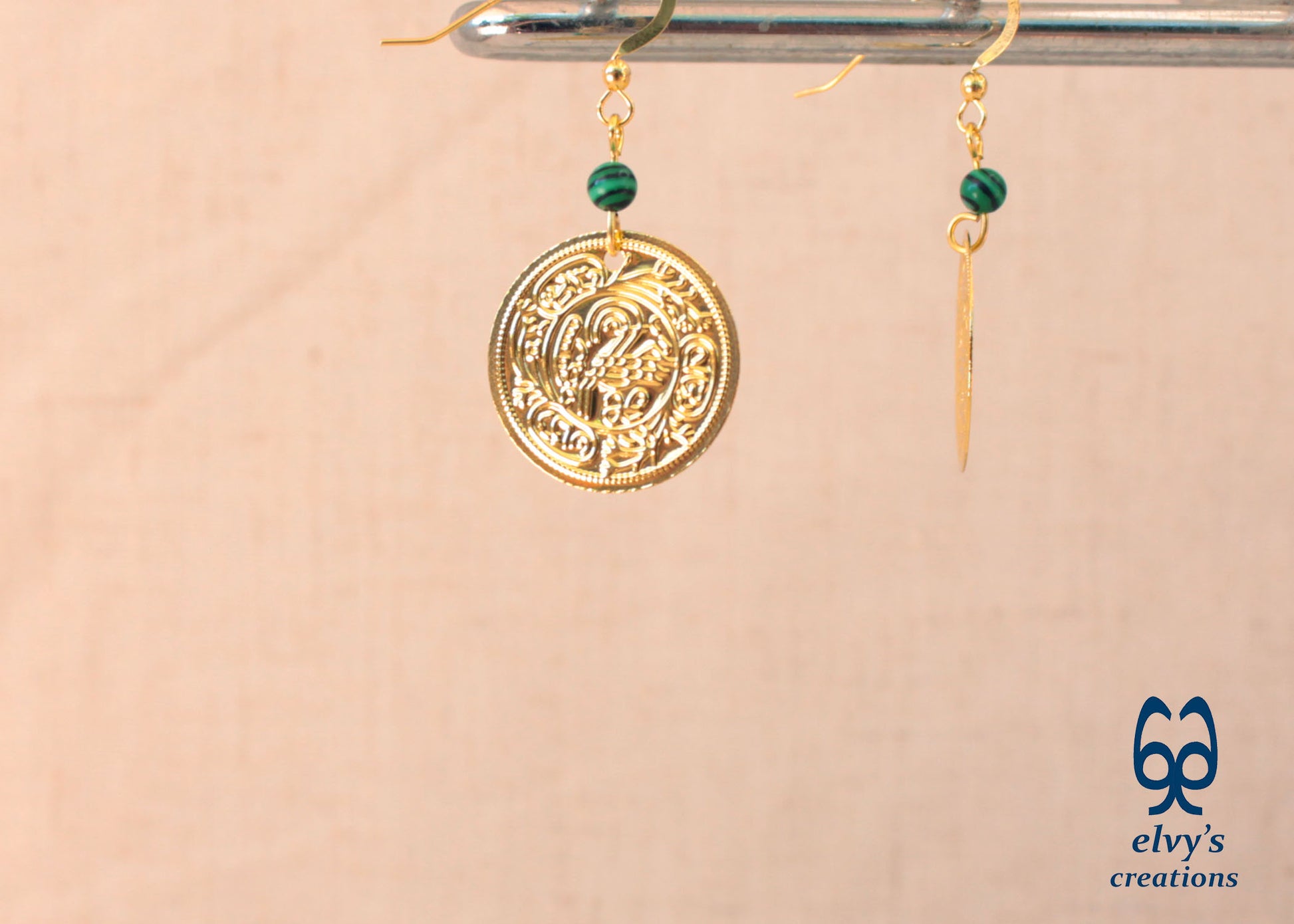 Gold Folklore Earrings Coin Dangle Drop Greek Traditional Jewelry 925 Sterling Silver Gold Plated Gypsy Jewelry Green Malachite Gemstone